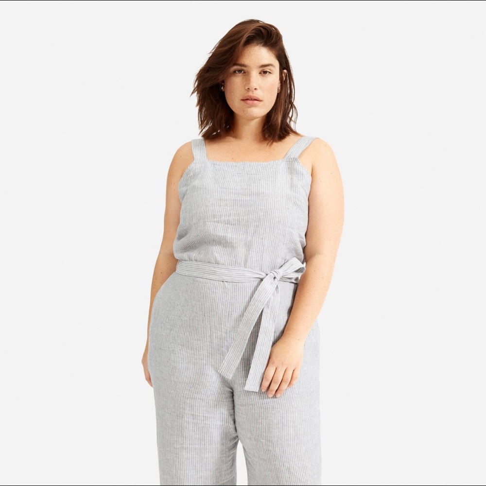 Everlane linen square neck jumpsuit with pockets and adjustable straps.